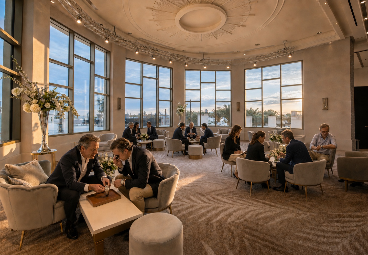 Projection : dans la rotonde du Palm Beach, un marchand présente une montre à un acheteur qui l'examine à la loupe, d'autres négociations en cours autour