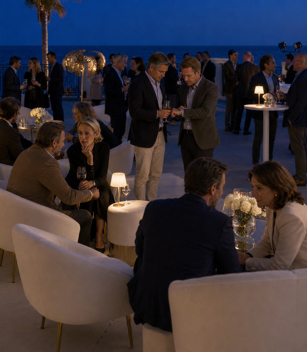 Projection : réception du samedi soir sur la terrasse du Palm Beach, invités debout par petits groupes face à la mer au crépuscule